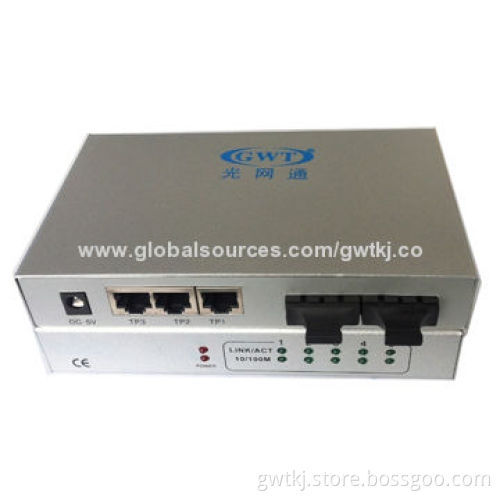 100M fiber media converter with 3 RJ45 ports + 2 SC optical ports, multimode 2km